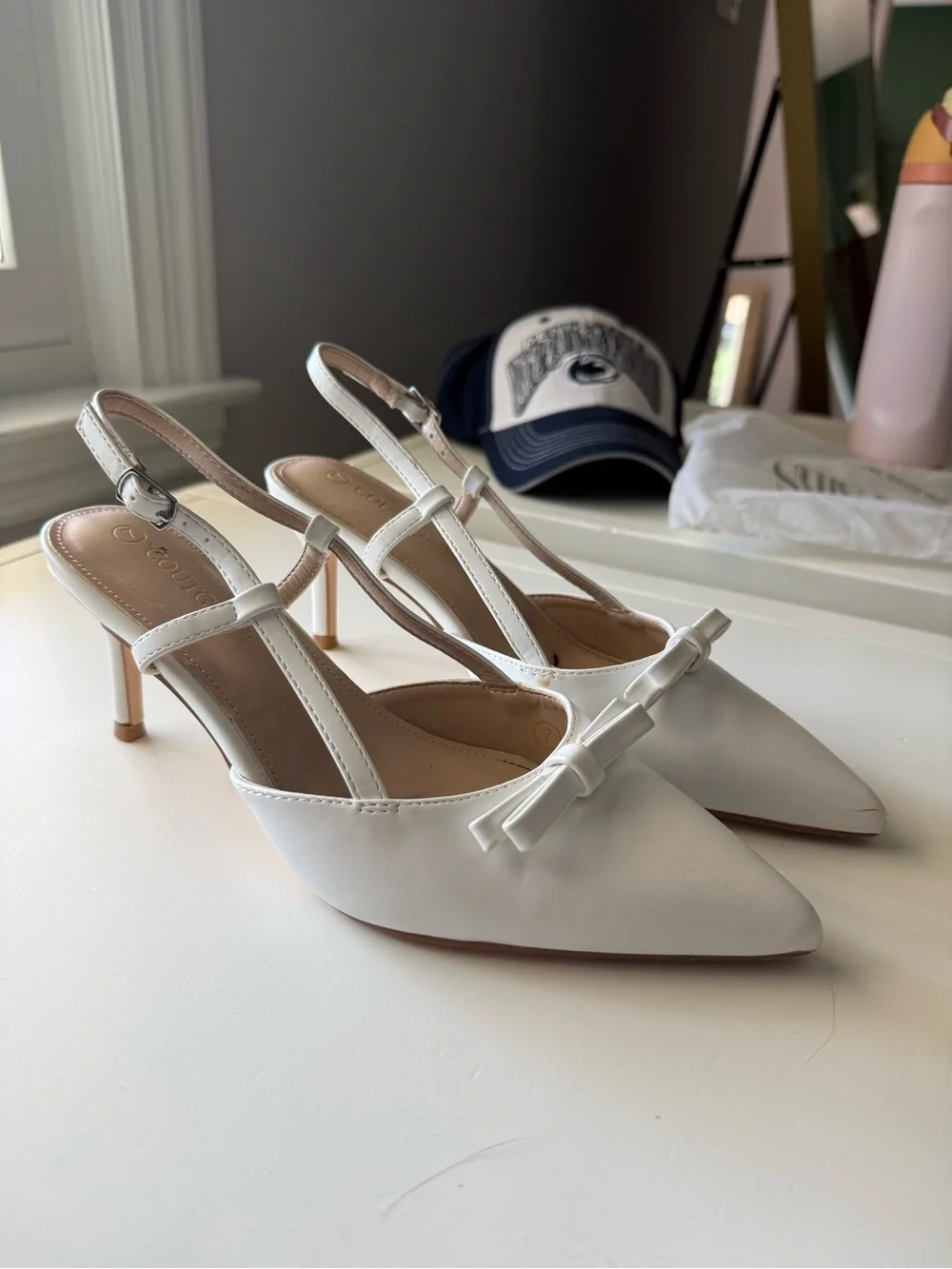 White Pointed Slingback Heels with Bow Accent